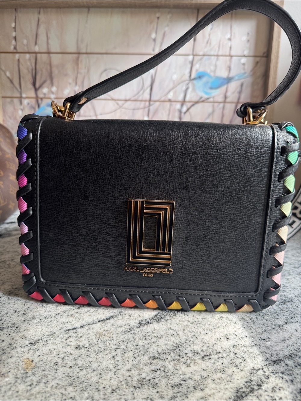 Karl Lagerfeld Black Leather Shoulder Bag with Multicolor Trim
